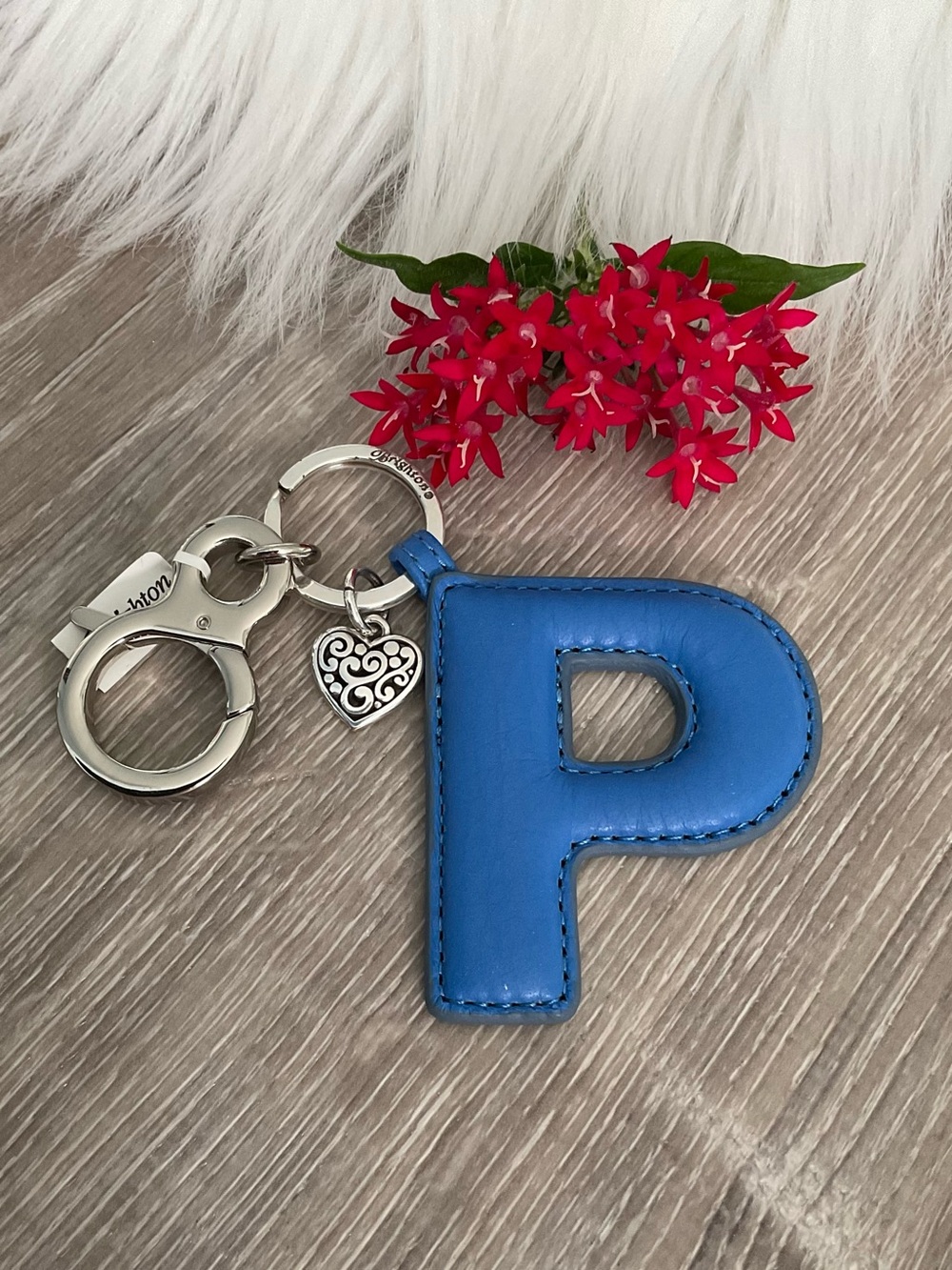 💙 BRIGHTON Retired Initially Yours Blue 'P' Handbag Key Fob with Heart Accent